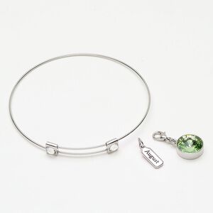 Bracelet bangle drop assortment 1pkg3 "pewter" (zinc-based alloy) / crystal, silver finish / peridot / clear 8 inches adjustable