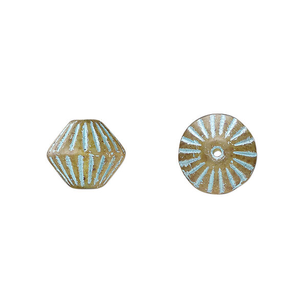 Bead, Preciosa, Czech pressed glass, opaque clear blue patina, 11mm fluted bicone. Sold per pkg of 12. image number 0