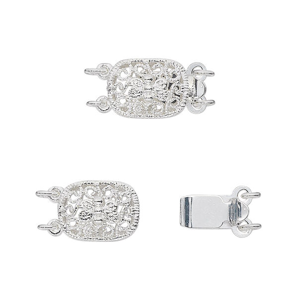 Clasp, 2-strand tab, silver-plated brass, 12x9mm filigree oval. Sold per pkg of 4. image number 0