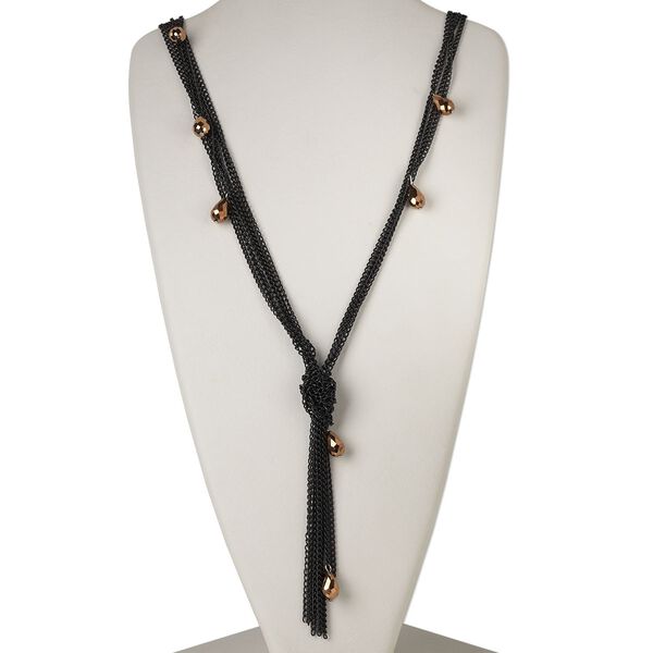 Necklace, 5-strand, steel and glass, black and bronze, 16x10mm faceted teardrop, 32 inches with 2-inch extender chain and lobster claw clasp. Sold individually. image number 0