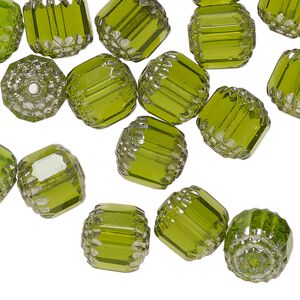 Czech pressed glass 1pkg40, cathedral bead translucent olive green / metallic silver 10mm