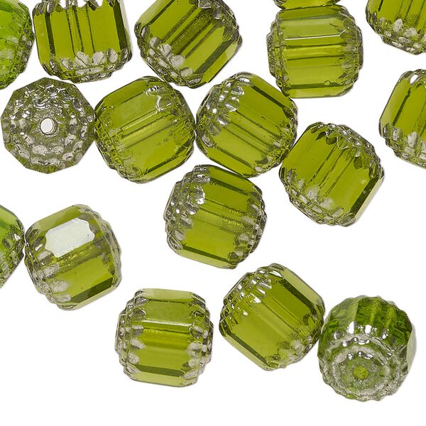 Czech pressed glass 1pkg40, cathedral bead translucent olive green / metallic silver 10mm image number 0