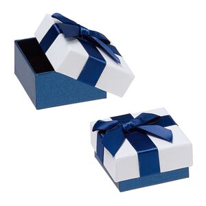 Gift box, cardboard / paper / velveteen / nylon, blue shimmer / white / black, 1 x 1-7/8 x 1-7/8 inch square with ribbon and bow. Sold per pkg of 12.