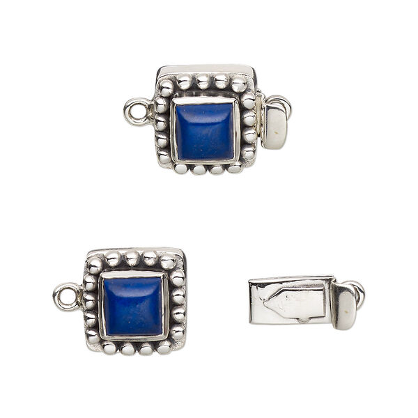 Clasp, tab, lapis lazuli (natural) and antiqued sterling silver, 11x11mm square with 6x6mm domed square. Sold individually. image number 0