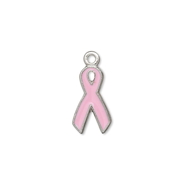 Charm, antiqued pewter (tin-based alloy) and pink enamel, 16x9mm awareness ribbon. Sold per pkg of 2. image number 0