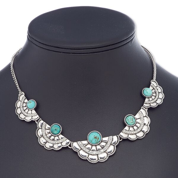 Necklace, magnesite (dyed / stabilized) with antique silver-plated steel and "pewter" (zinc-based alloy), turquoise blue, 29x19mm-40x27mm graduated fan, 16 inches with 2-inch extender chain and lobster claw clasp. Sold individually. image number 0