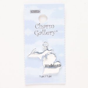 Charm, steel and enamel, pkg/1, silver finish and black, 30x24mm with "Michigan."