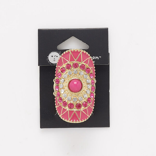 Ring, stretch, enamel / acrylic / glass / gold-finished "pewter" (zinc-based alloy), fuchsia and clear, 46x25mm curved oval. Sold individually. image number 0