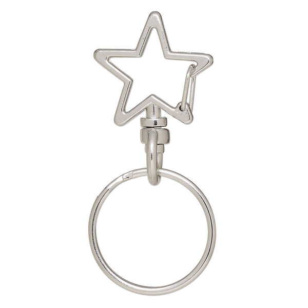 Key ring, imitation rhodium-finished brass and steel, 56x25.5mm overall with 24x23mm self-closing star on a swivel and 25.5mm split ring. Sold per pkg of 5. image number 0