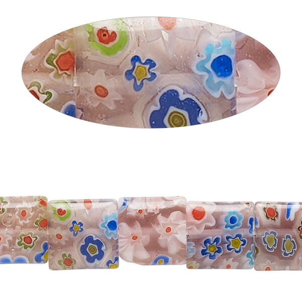 Bead, millefiori glass, translucent light pink and multicolored, 9mm-11x10mm puffed square. Sold per 14-inch strand. image number 0