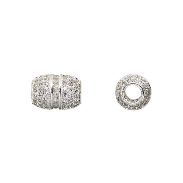 Bead, glass rhinestone and silver-finished brass, clear, 12x8.5mm barrel. Sold individually. image number 0