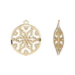 Drop, gold-finished stainless steel, 18mm double-sided domed round with textured cut-out snowflake design. Sold per pkg of 6.