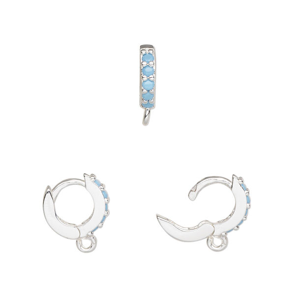 Hoop, silver-finished brass and glass, turquoise blue, 11mm hoop, 18 gauge. Sold per pair. image number 0