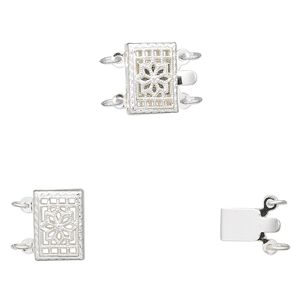 Clasp tab 1pkg1 sterling silver, 10x8mm filigree rectangle, 2-strand