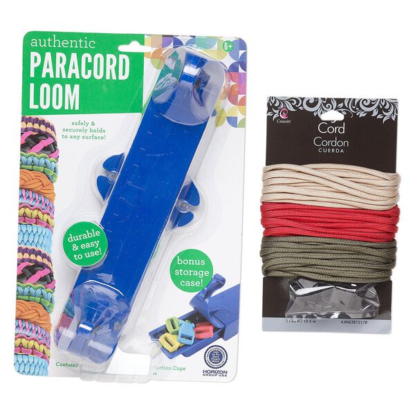 Paracord loom / cord / clasp mix, plastic and nylon, blue / black / red neutrals, 9x3 inches with adjustable 6-3/4 to 8-1/2 inch looming length and 1-3/4 inch width with 2 suction cups. Sold per 2-piece set. image number 0