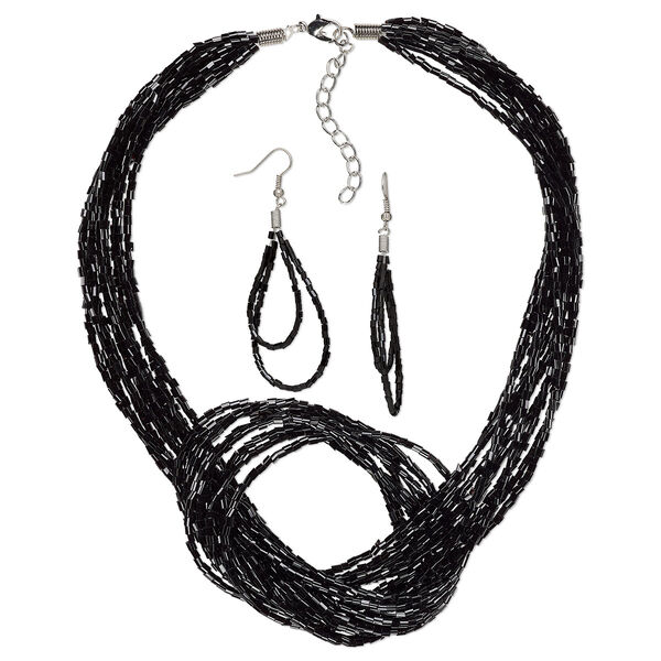 Necklace and earring set, Everyday Jewelry,  imitation rhodium-plated-steel and glass, black, 16-inches with 2-inch extender chain, 3-inch earrings with fishhook ear wires, 19 gauge. Sold per set. image number 0