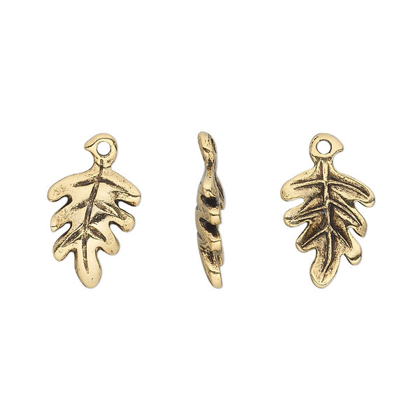 Charm, pewter (tin-based alloy), pkg/1, antique gold plate, 13x10mm double-sided oak leaf. image number 0