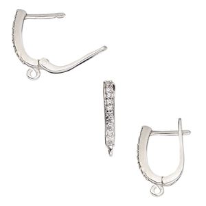 Earring 1pkg2 sterling silver / cubic zirconia, 12mm oval / latch-back / open loop, clear 1 pair