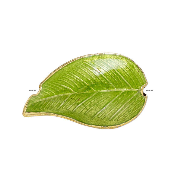 Bead, cloisonné, enamel and gold-finished copper, green, 27x16mm double-sided leaf. Sold per pkg of 4. image number 0