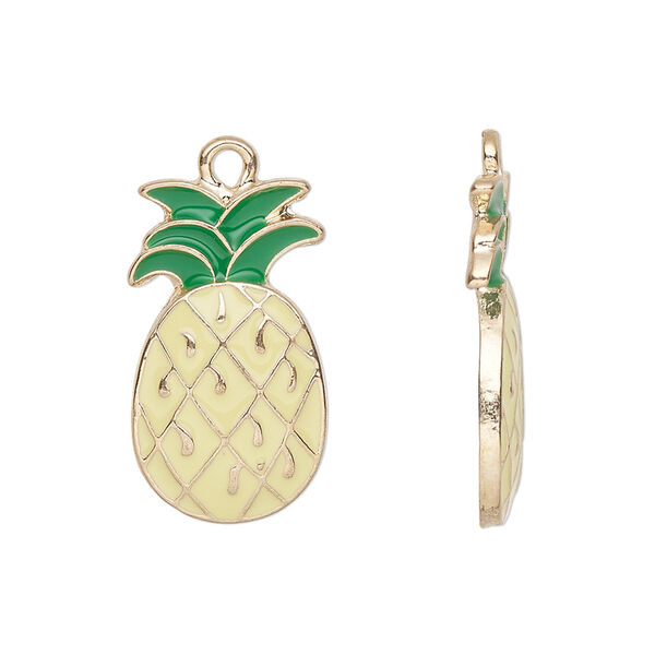 Charm, enamel / epoxy / gold-finished pewter (tin-based alloy), yellow and green, 23.5x13mm pineapple. Sold per pkg of 2. image number 0