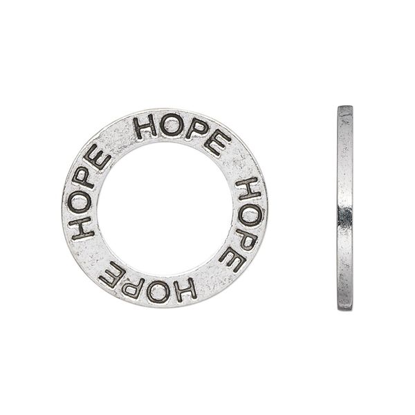 Charm, antique silver-plated pewter (tin-based alloy), 22mm double-sided open round with "HOPE." Sold per pkg of 2. image number 0