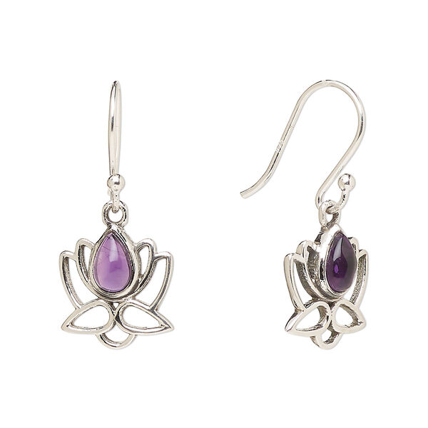 Ear wire, Create Compliments®, antiqued sterling silver and amethyst (natural), fishhook, 26.5mm with 12mm single-sided open lotus, 21 gauge. Sold per pair. image number 0