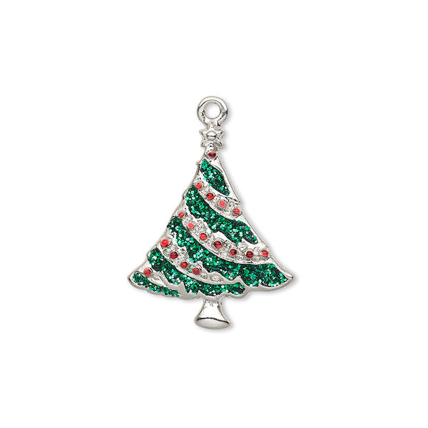 Charm, enamel and silver-plated "pewter" (zinc-based alloy), red and green with glitter, 21x17mm single-sided Christmas tree. Sold individually. image number 0