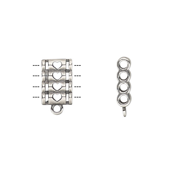 Spacer, antique silver-plated brass, 12x8mm double-sided 4-strand quadruple round tube with heart cutout design and loop, fits up to 2mm bead. Sold individually. image number 0