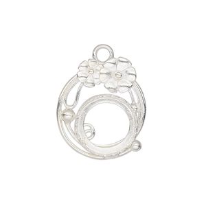 Drop, JBB Findings, silver-plated brass, 22x19mm single-sided with flower design and 12mm rivoli bezel setting. Sold individually.