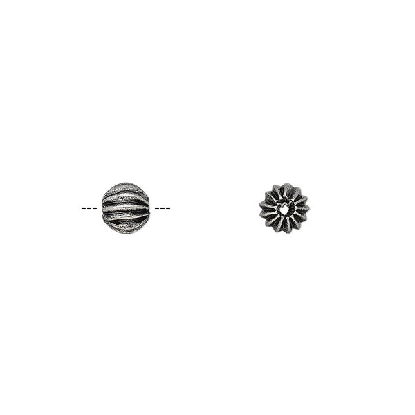 Bead, antique silver-plated brass, 5mm fluted round. Sold per pkg of 20. image number 0