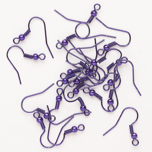 Ear wire, anodized steel, pkg/10 pairs, 18mm fishhook with open loop / 3mm ball / 3.5mm coil, 22 gauge, purple. image number 0