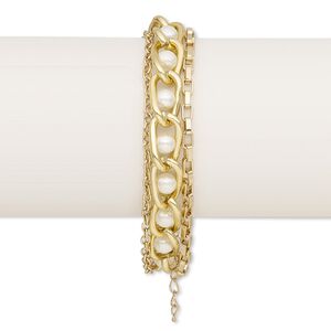 Bracelet, glass pearl with gold-finished steel and aluminum, white, 9mm wide with 6mm round, 6-1/2 inches with 2-inch extender chain and lobster claw clasp. Sold individually.