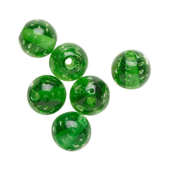 Bead, lampworked glass, translucent green, 10mm round. Sold per pkg of 6. image number 0