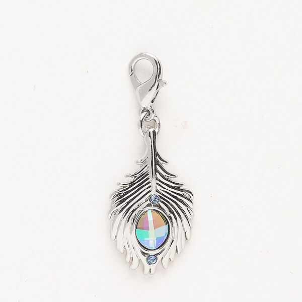 Charm "pewter" zinc-based alloy crystal 1pk 21x13mm feather lobster claw clasp, silver finish sapphire jet AB image number 0