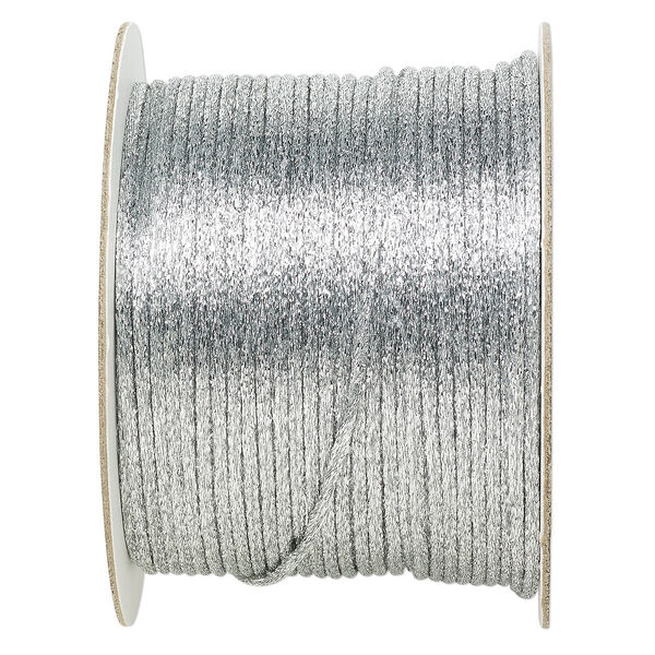 Cord, Satinique™, satin, metallic silver, 2mm. Sold per 432-foot spool. image number 0