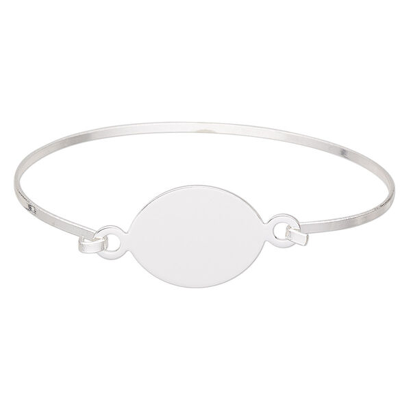 Bracelet component, bangle, silver-finished brass and "pewter" (zinc-based alloy), 20.5mm wide with 24x20mm oval flat pad setting, 8 inches. Sold individually. image number 0