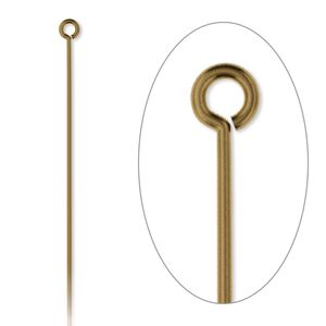 Eye pin, antique gold-plated brass, 3 inches, 21 gauge. Sold per pkg of 100.