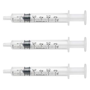 Syringe, plastic, 3-2/3 x 1-inch, holds up to 3mL. Sold per pkg of 3.