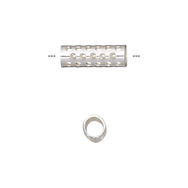 Bead, silver-finished steel, 16x5.5mm round tube with cutout dot design. Sold per pkg of 10. image number 0