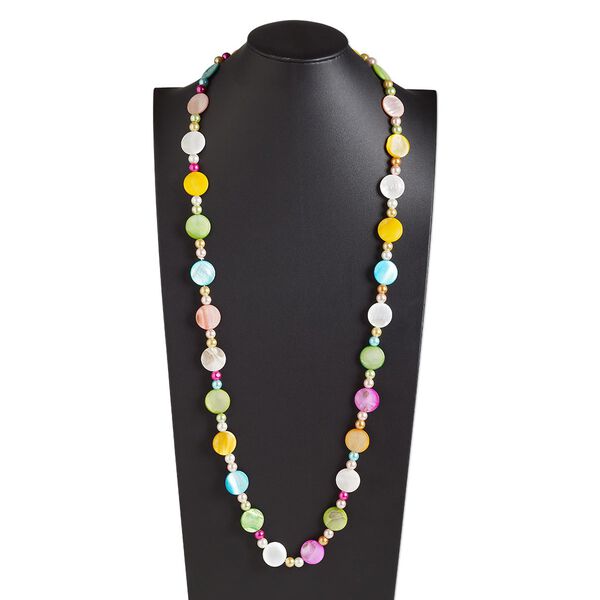 Necklace, glass pearl and mother-of-pearl shell (dyed), multicolored, 20mm flat round and 8mm round, 44-inch continuous loop. Sold individually. image number 0