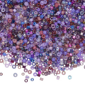 Seed bead mix, glass, 1pkg25g, #15 to #11 round, opaque and translucent multi-purple