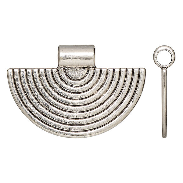 Pendant, slide, antique silver-finished "pewter", 34.5x23mm double-sided fan with line design, 3.5mm inside diameter. Sold per pkg of 4. image number 0