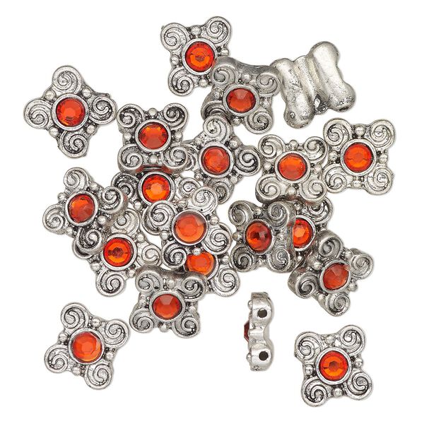 Bead spacer 1pkg20 silver-finished "pewter", 11x10mm fancy square / swirls, glass red-orange antique 1-strand image number 0