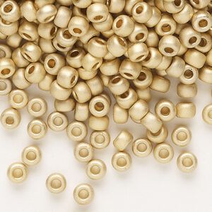 Seed bead, Miyuki, glass, pkg/4g, #6 rocaille, opaque 24Kt gold-plated matte light (RR-193F).