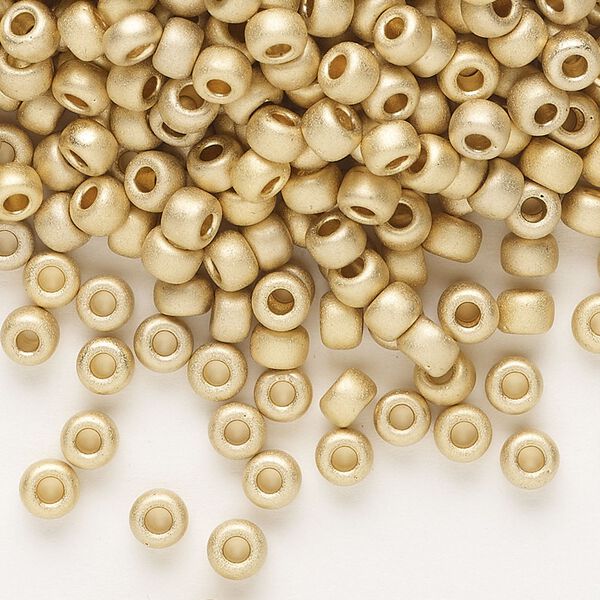 Seed bead, Miyuki, glass, pkg/4g, #6 rocaille, opaque 24Kt gold-plated matte light (RR-193F). image number 0