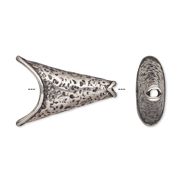 Cone, antique silver-plated pewter (tin-based alloy), 24x17x7mm textured flat, 10x4.5mm inside diameter. Sold individually. image number 0