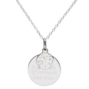 Necklace, Create Compliments®, round charm with "Family is a circle of strength and love" and sterling silver chain, wearable at 16 and 18 inches. Sold individually.