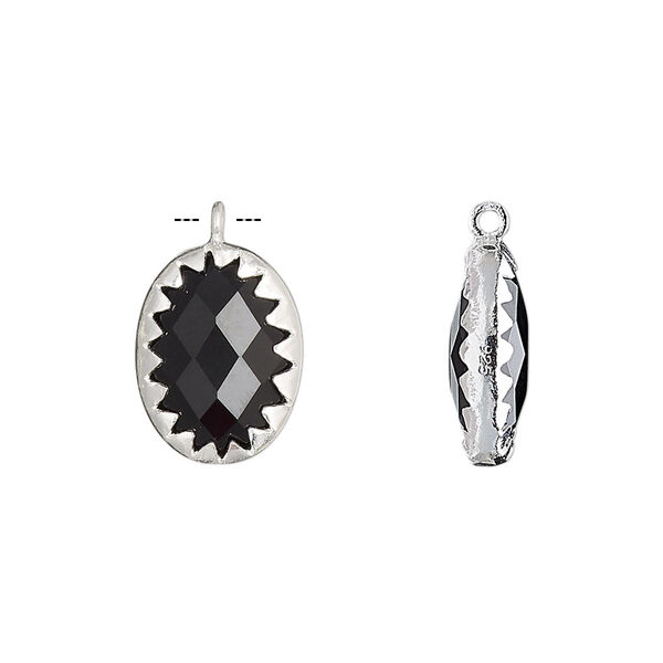 Drop, black onyx (dyed) and sterling silver, 15x11mm double-sided faceted oval. Sold individually. image number 0