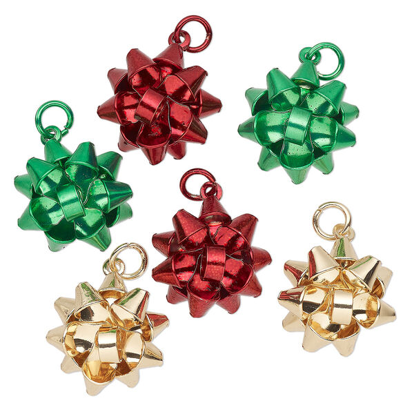 Charm, steel and paint, red / green / gold, 16.5mm bow. Sold per pkg of 6. image number 0