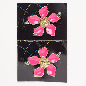 Focal 1pkg2, enamel and gold-finished brass, hot pink, 48x43mm single-sided flower.